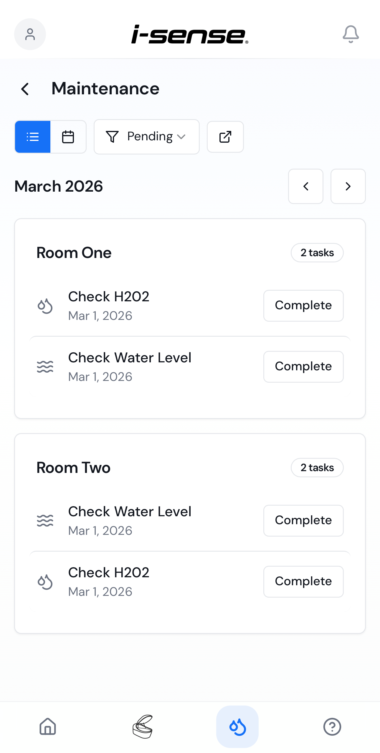 i-sense maintenance app screen showing tasks for March 2026 in Room One and Room Two.